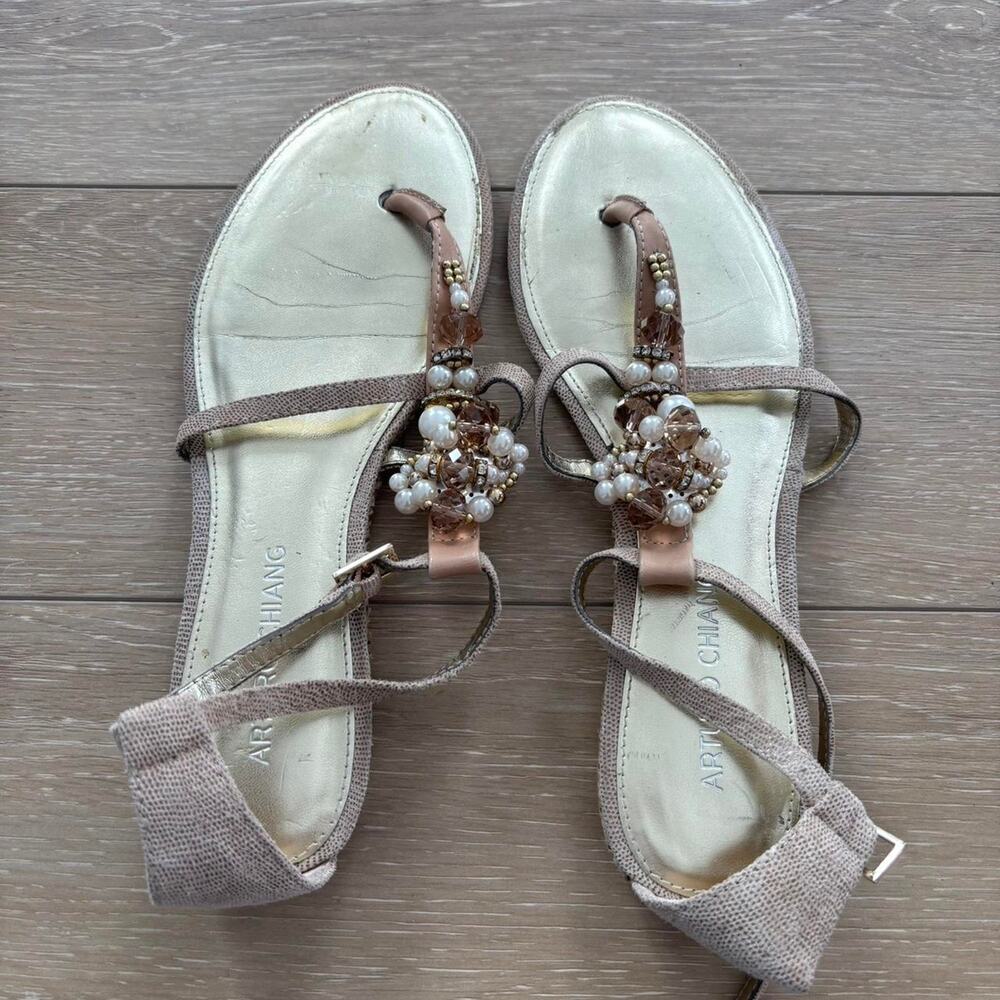 Arturo Chiang Tan and Gold Boho Beaded Stones Flat Thong Sandals 8.5M